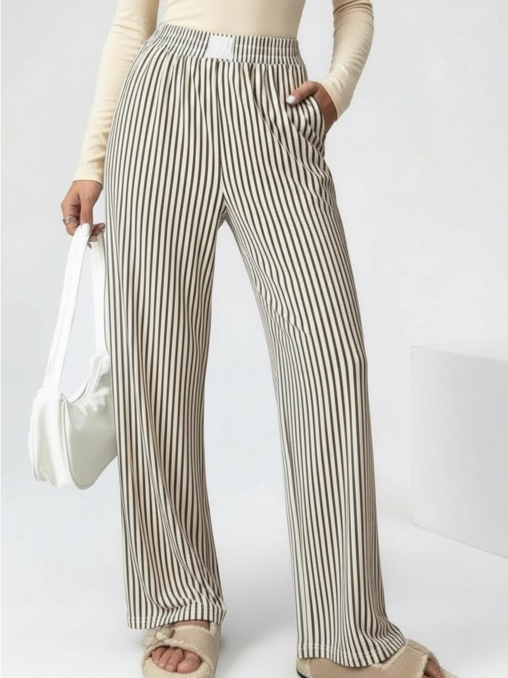 Striped Wide-Leg Pull-On Pants - Cream & Black- SM ML & LG/XL available